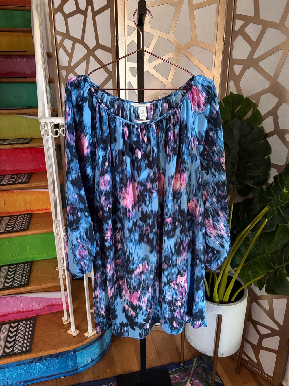 H&M Blue Abstract Floral Peasant Blouse XL NWT Long Sleeve Tunic Top